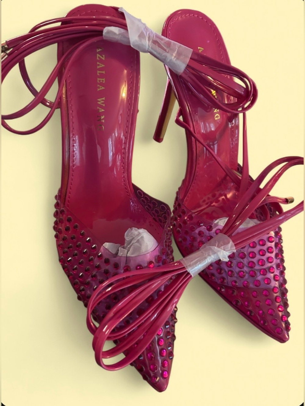 Azalea Wang "Juicy" Fuchsia Rhinestone Lace-Up Stiletto Heels | Size 6